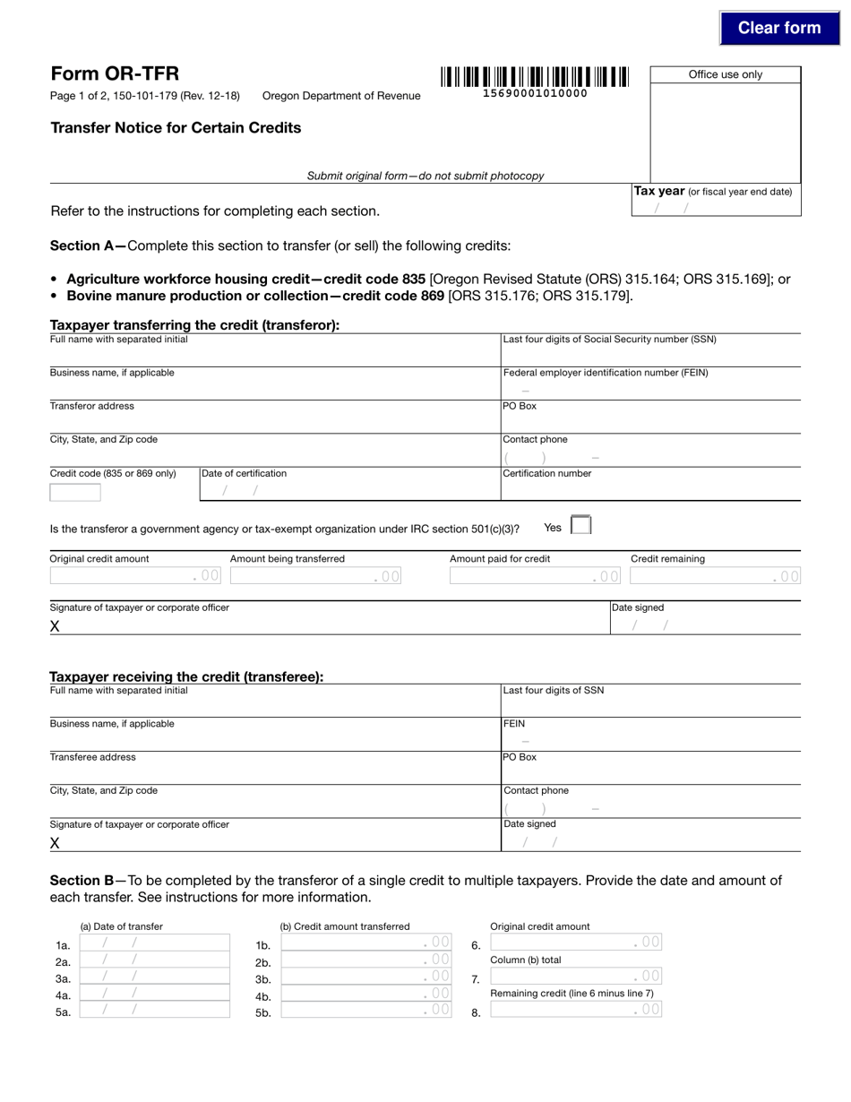 Form 150-101-179 (OR-TFR) Transfer Notice for Certain Credits - Oregon, Page 1