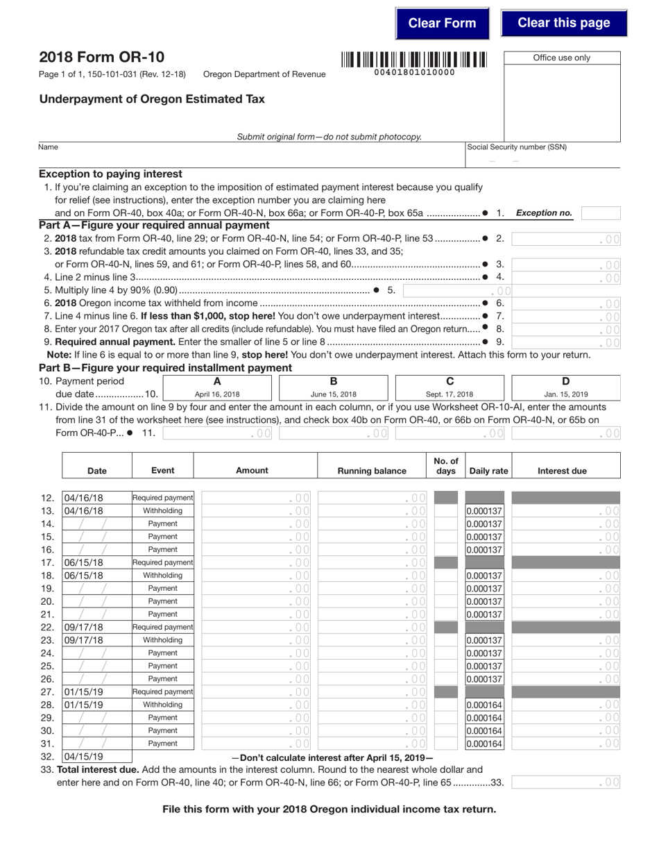 Form 150-101-03 (OR-10) Underpayment of Oregon Estimated Tax - Oregon, Page 1