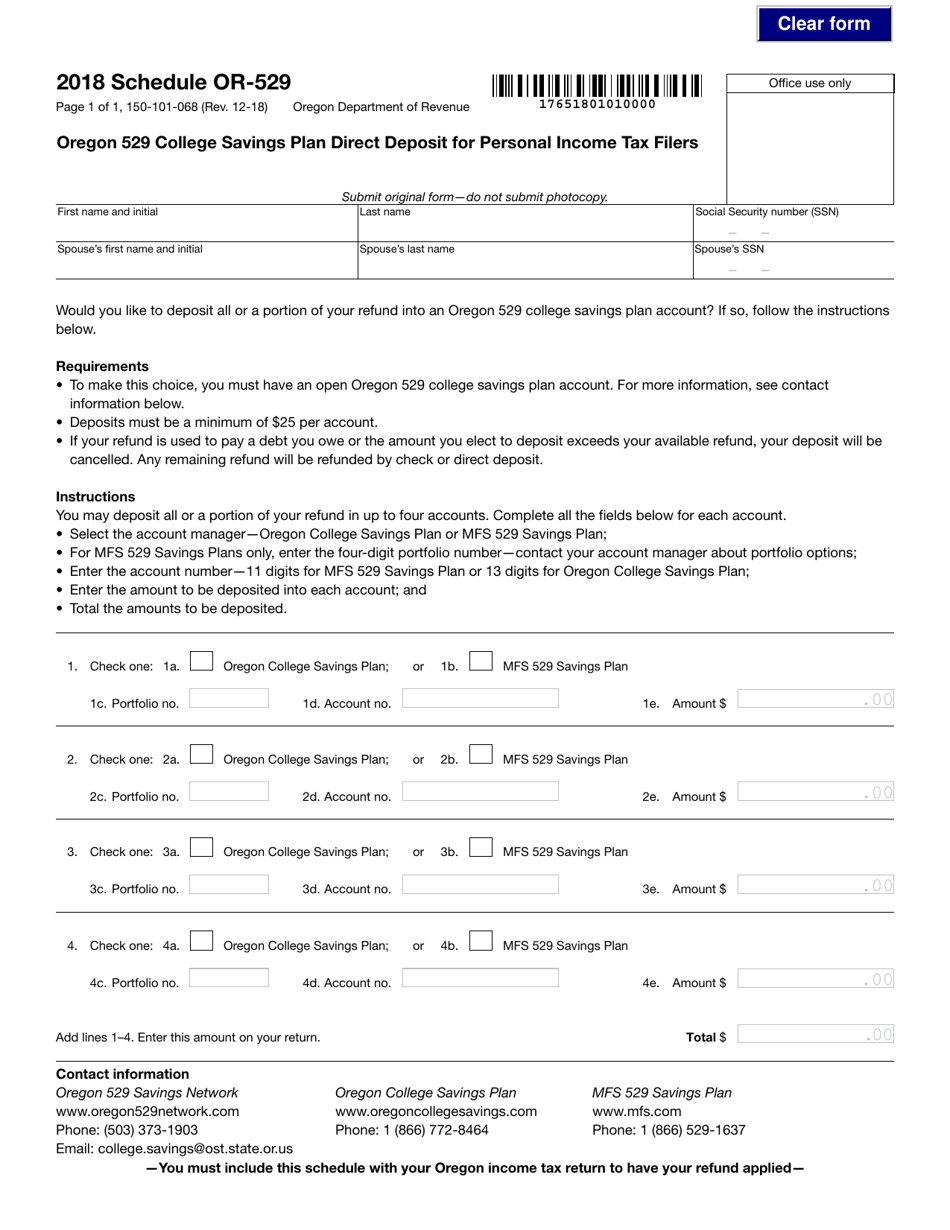 Form 150-101-068 Schedule OR-529 Oregon 529 College Savings Plan Direct Deposit for Personal Income Tax Filers - Oregon, Page 1