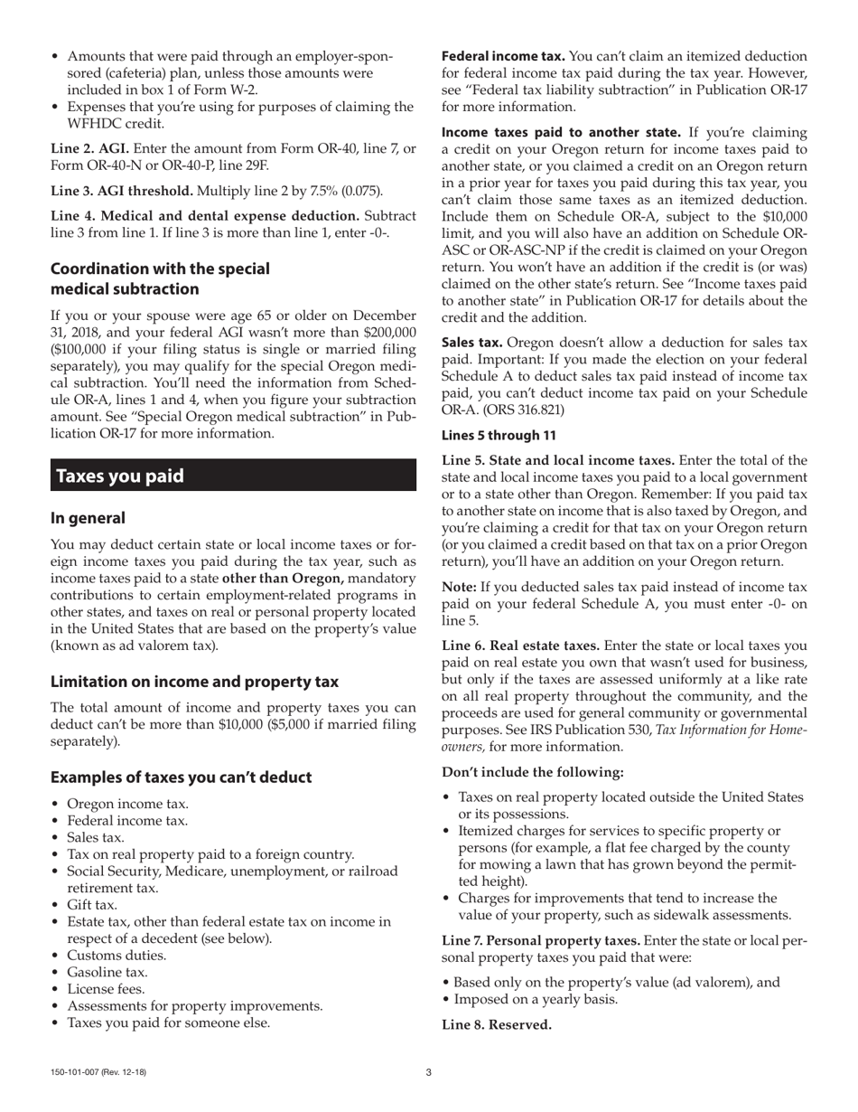 Form 150-101-007 Schedule OR-A Oregon Itemized Deductions - Oregon, Page 3