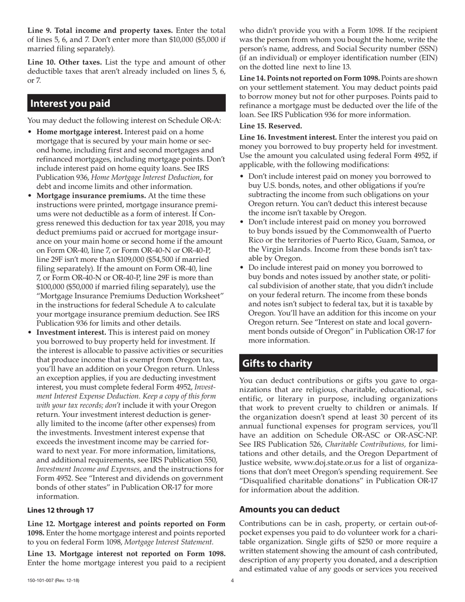 Form 150-101-007 Schedule OR-A Oregon Itemized Deductions - Oregon, Page 4