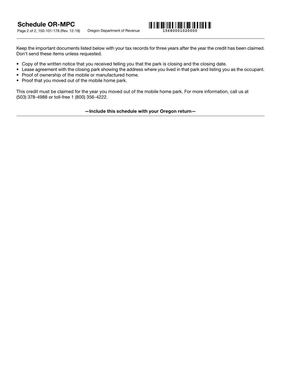 Form 150-101-178 Schedule OR-MPC Mobile Home Park Closure - Oregon, Page 2