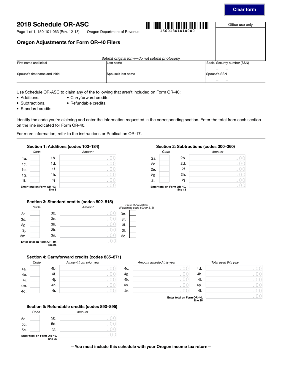 Form 150-101-063 Schedule OR-ASC Oregon Adjustments for Form or-40 Filers - Oregon, Page 1