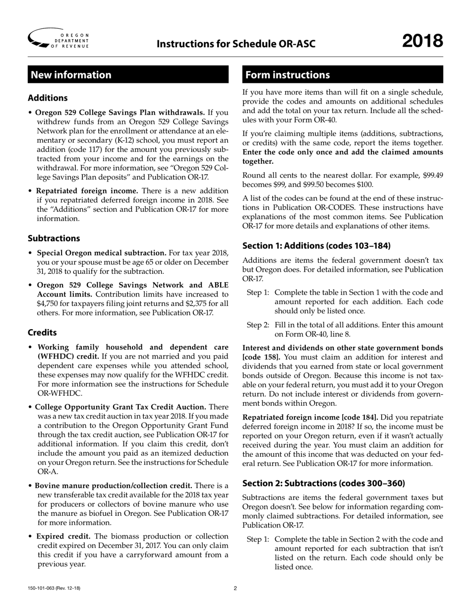 Form 150-101-063 Schedule OR-ASC Oregon Adjustments for Form or-40 Filers - Oregon, Page 2