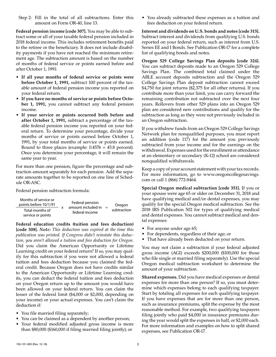 Form 150-101-063 Schedule OR-ASC Oregon Adjustments for Form or-40 Filers - Oregon, Page 3
