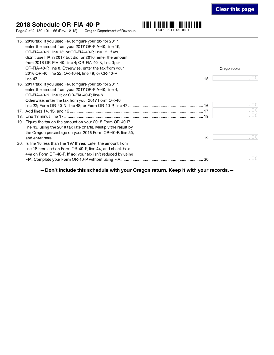 Form 150-101-166 Schedule OR-FIA-40-P Oregon Farm Income Averaging - Oregon, Page 2