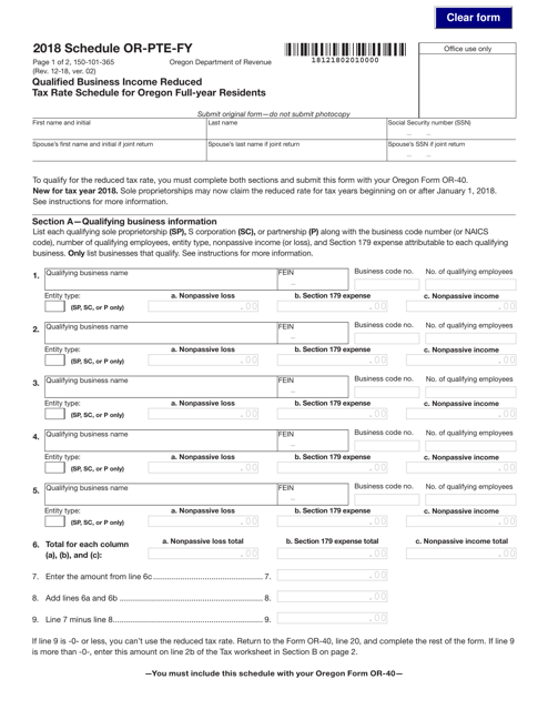 Form 150-101-365 Schedule OR-PTE-FY 2018 Printable Pdf