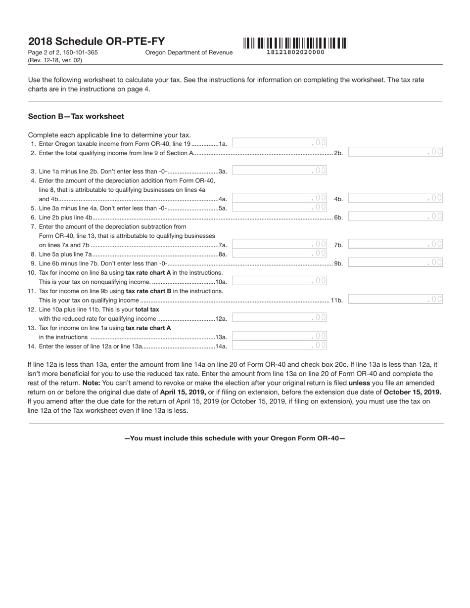 Form 150-101-365 Schedule OR-PTE-FY Qualified Business Income Reduced Tax Rate Schedule for Oregon Full-Year Residents - Oregon, Page 2