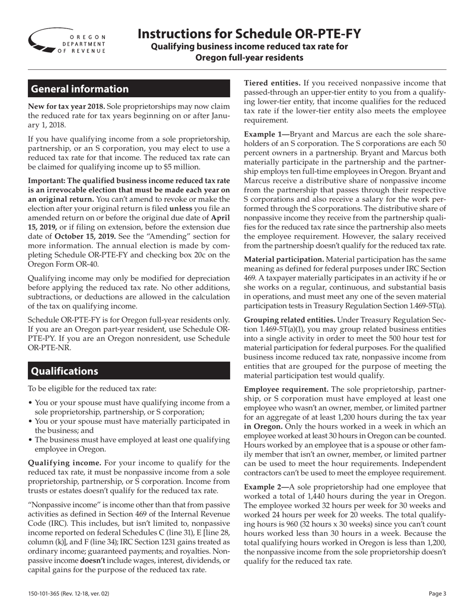 Form 150-101-365 Schedule OR-PTE-FY Qualified Business Income Reduced Tax Rate Schedule for Oregon Full-Year Residents - Oregon, Page 3