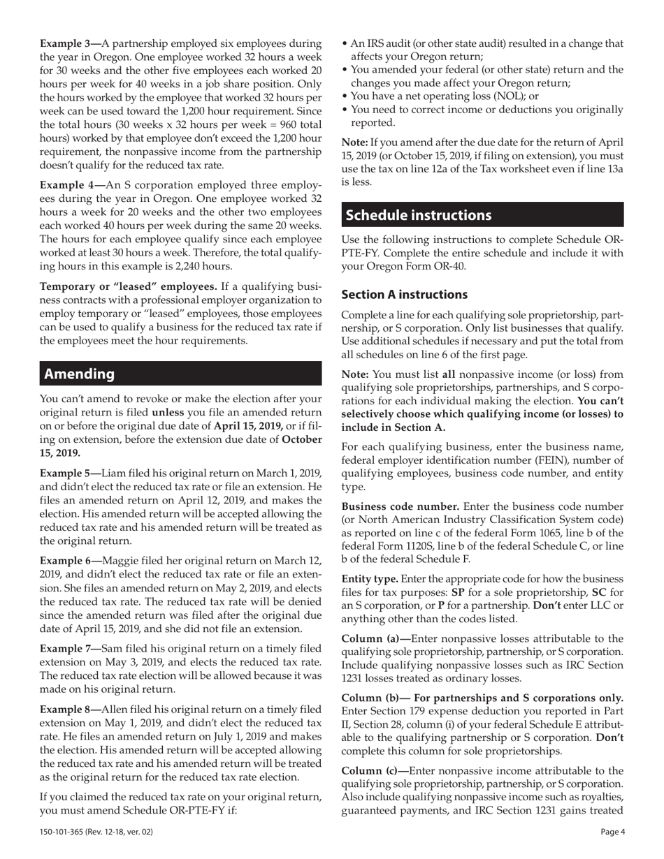 Form 150-101-365 Schedule OR-PTE-FY Qualified Business Income Reduced Tax Rate Schedule for Oregon Full-Year Residents - Oregon, Page 4
