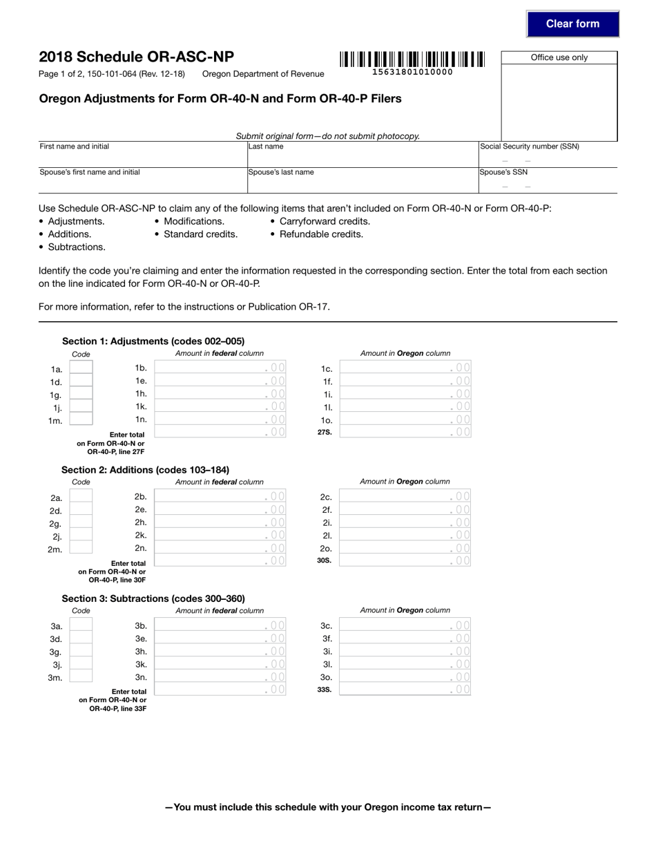 Form 150101064 Schedule ORASCNP Download Fillable PDF or Fill