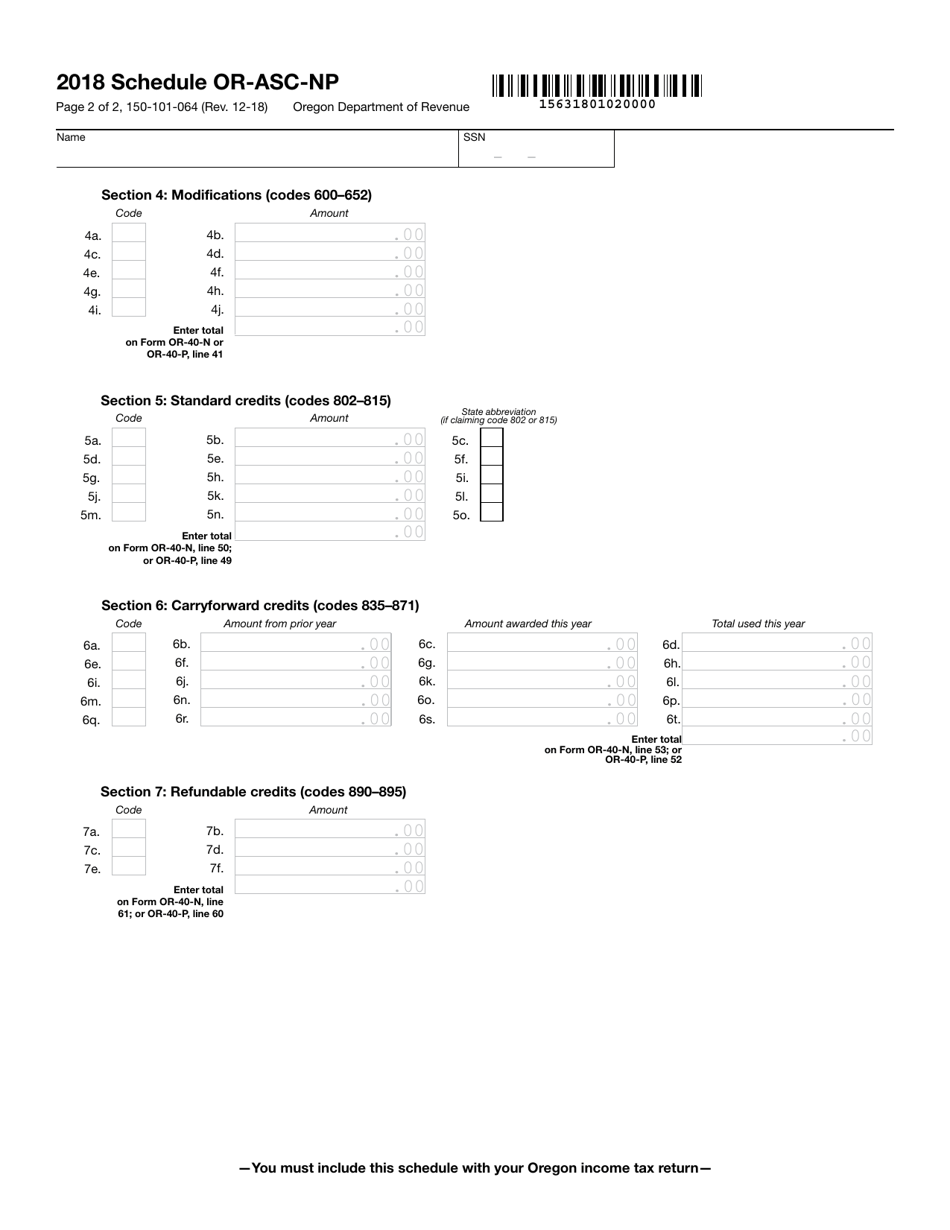 Form 150-101-064 Schedule OR-ASC-NP Oregon Adjustments for Form or-40-n and Form or-40-p Filers - Oregon, Page 2