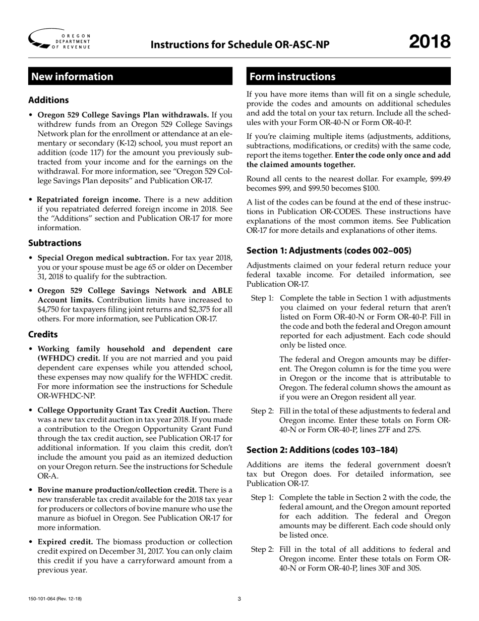 Form 150-101-064 Schedule OR-ASC-NP Oregon Adjustments for Form or-40-n and Form or-40-p Filers - Oregon, Page 3