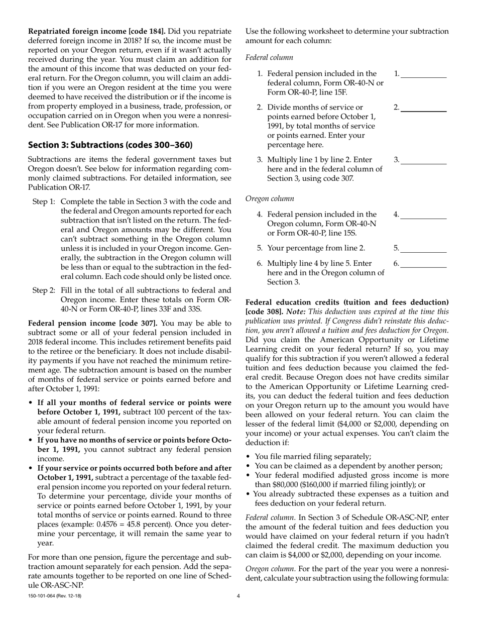 Form 150-101-064 Schedule OR-ASC-NP Oregon Adjustments for Form or-40-n and Form or-40-p Filers - Oregon, Page 4