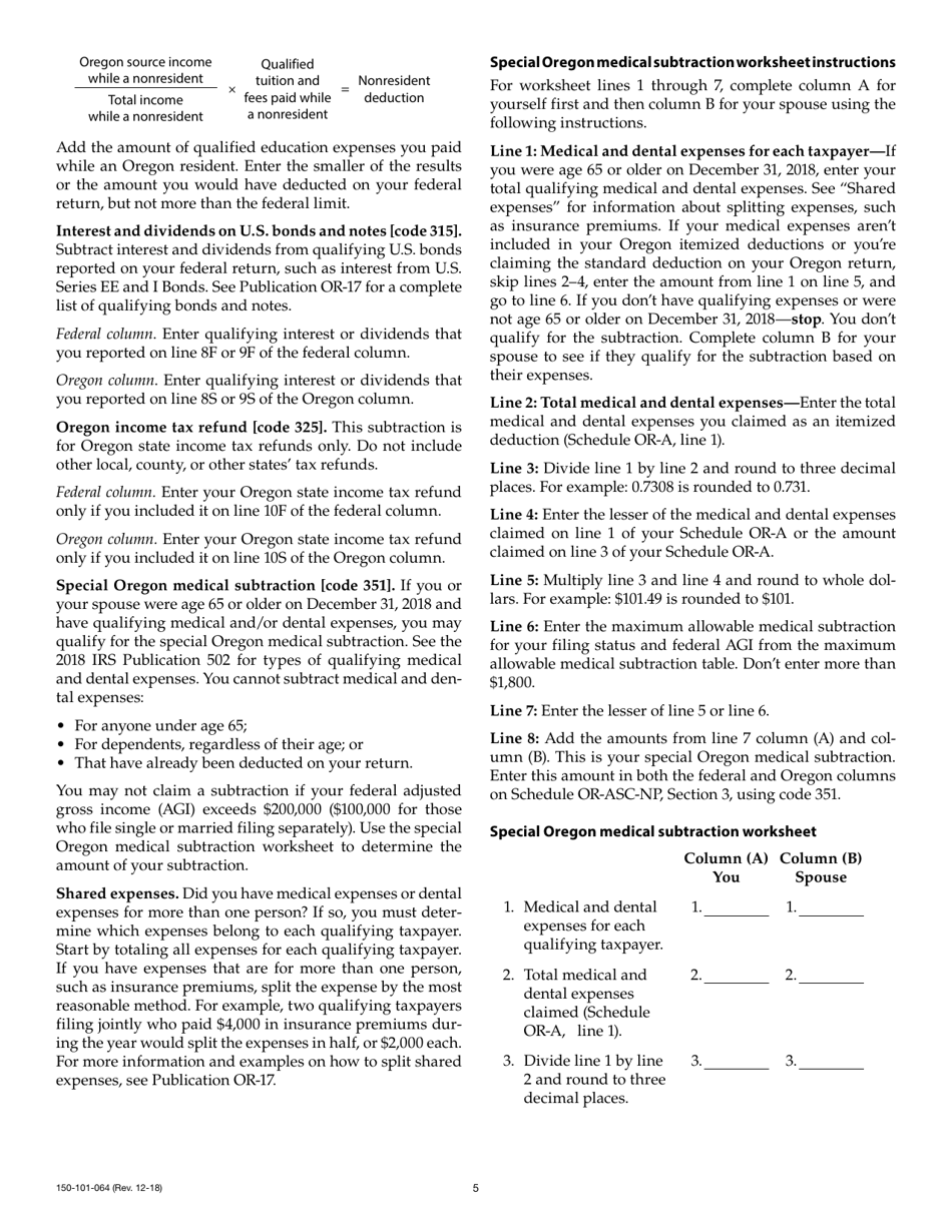 Form 150-101-064 Schedule OR-ASC-NP Oregon Adjustments for Form or-40-n and Form or-40-p Filers - Oregon, Page 5