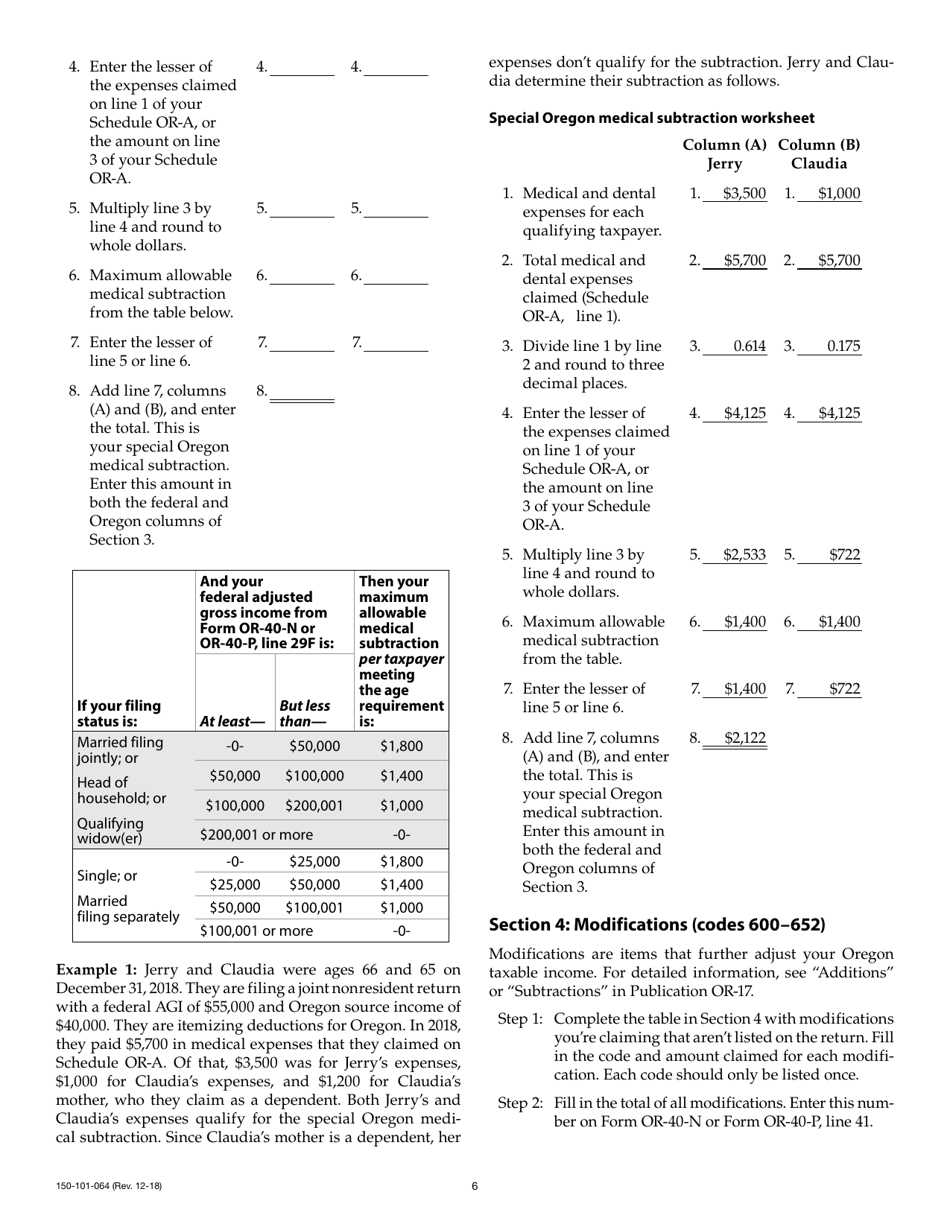 Form 150-101-064 Schedule OR-ASC-NP Oregon Adjustments for Form or-40-n and Form or-40-p Filers - Oregon, Page 6