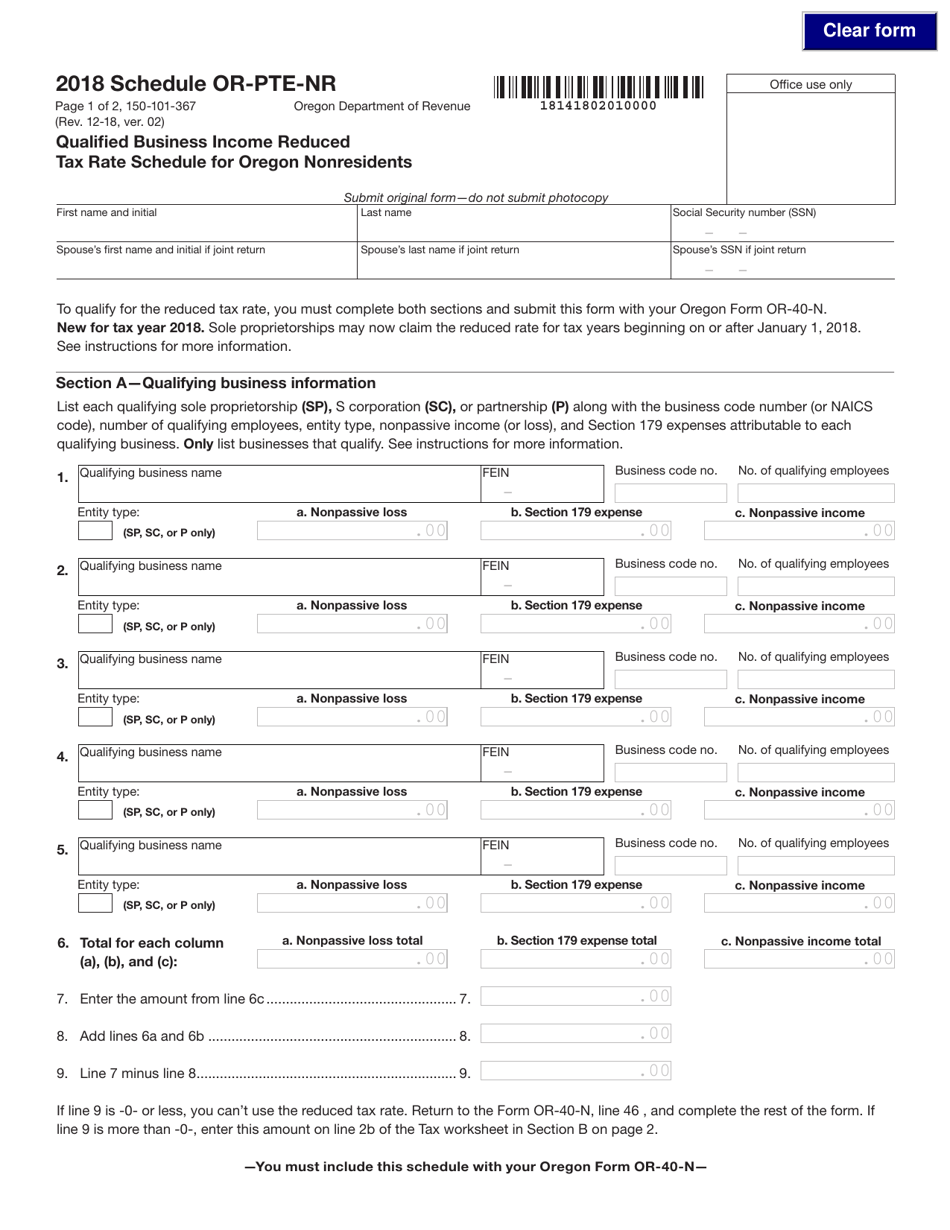 Form 150-101-367 Schedule OR-PTE-NR Qualified Business Income Reduced Tax Rate Schedule for Oregon Nonresidents - Oregon, Page 1
