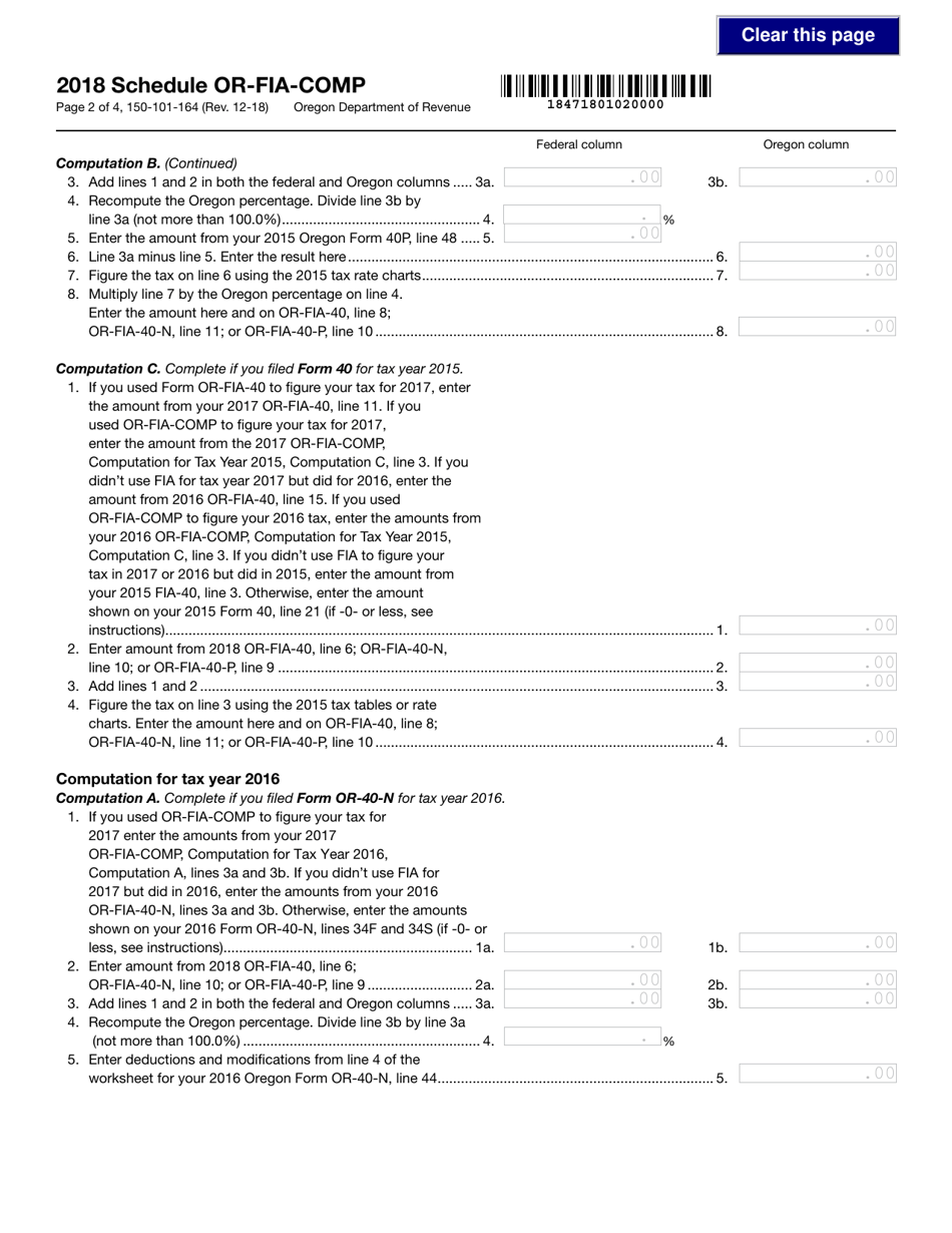 Form 150-101-164 Schedule OR-FIA-COMP Oregon Farm Income Averaging Computation of Tax - Oregon, Page 2