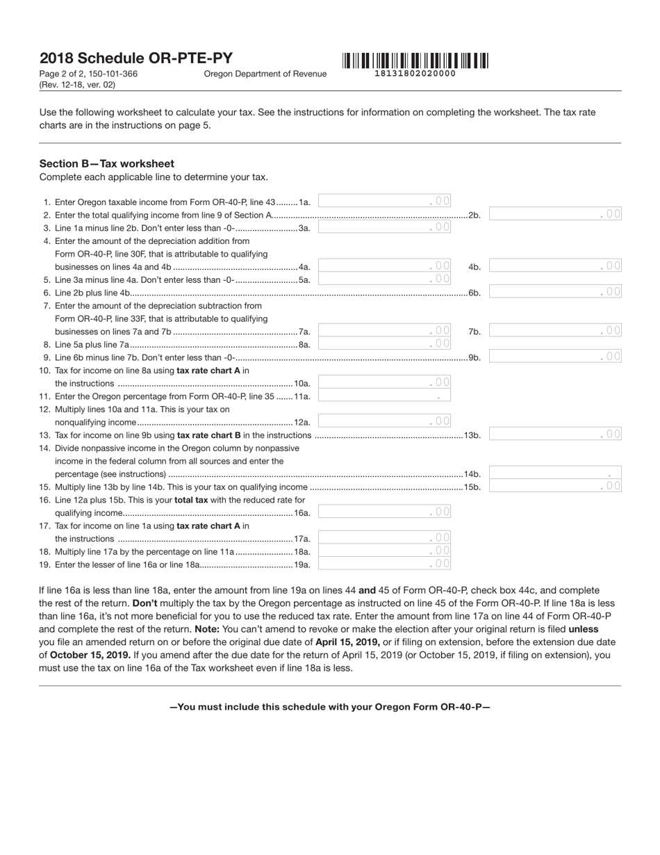 Form 150-101-366 Schedule OR-PTE-PY Qualified Business Income Reduced Tax Rate Schedule for Oregon Part-Year Residents - Oregon, Page 2
