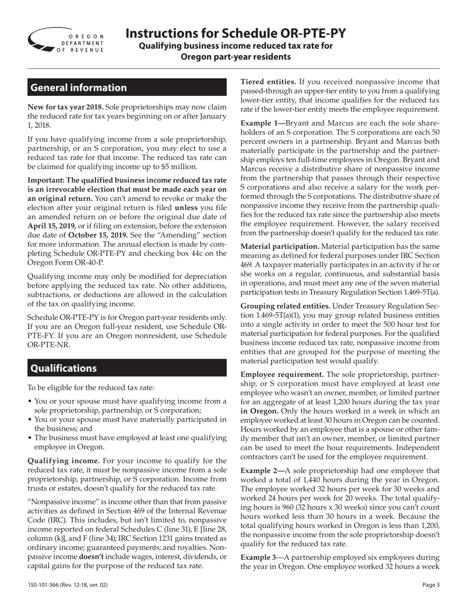 Form 150-101-366 Schedule OR-PTE-PY Qualified Business Income Reduced Tax Rate Schedule for Oregon Part-Year Residents - Oregon, Page 3