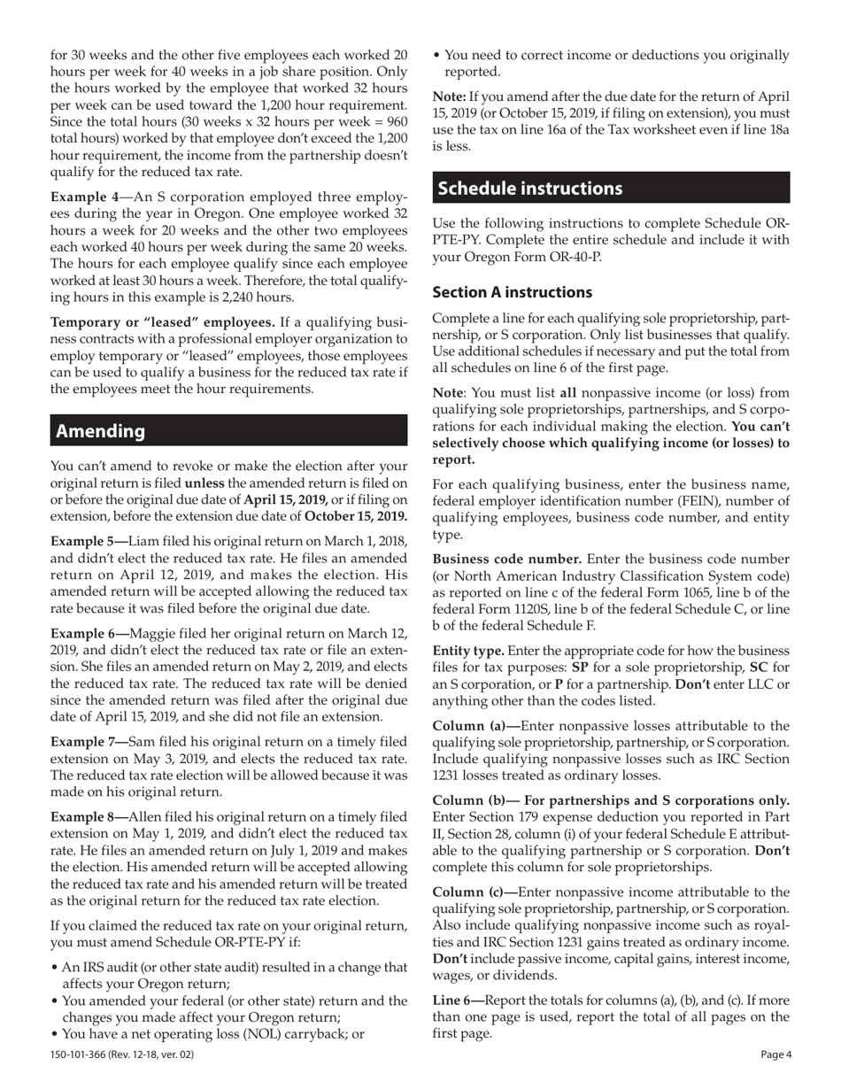 Form 150-101-366 Schedule OR-PTE-PY Qualified Business Income Reduced Tax Rate Schedule for Oregon Part-Year Residents - Oregon, Page 4