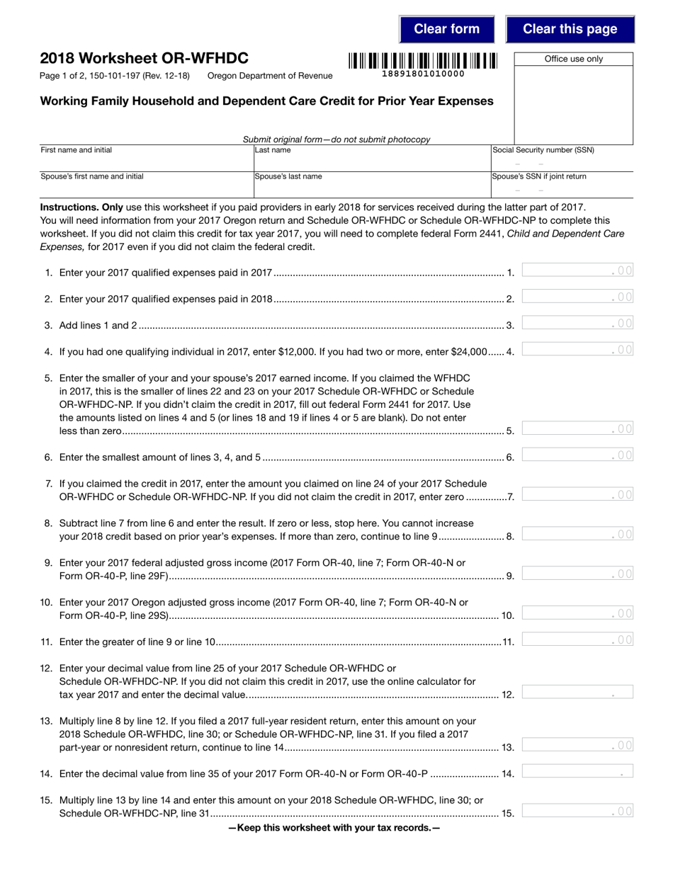Form 150-101-197 Worksheet or-Wfhdc - Working Family Household and Dependent Care Credit for Prior Year Expenses - Oregon, Page 1