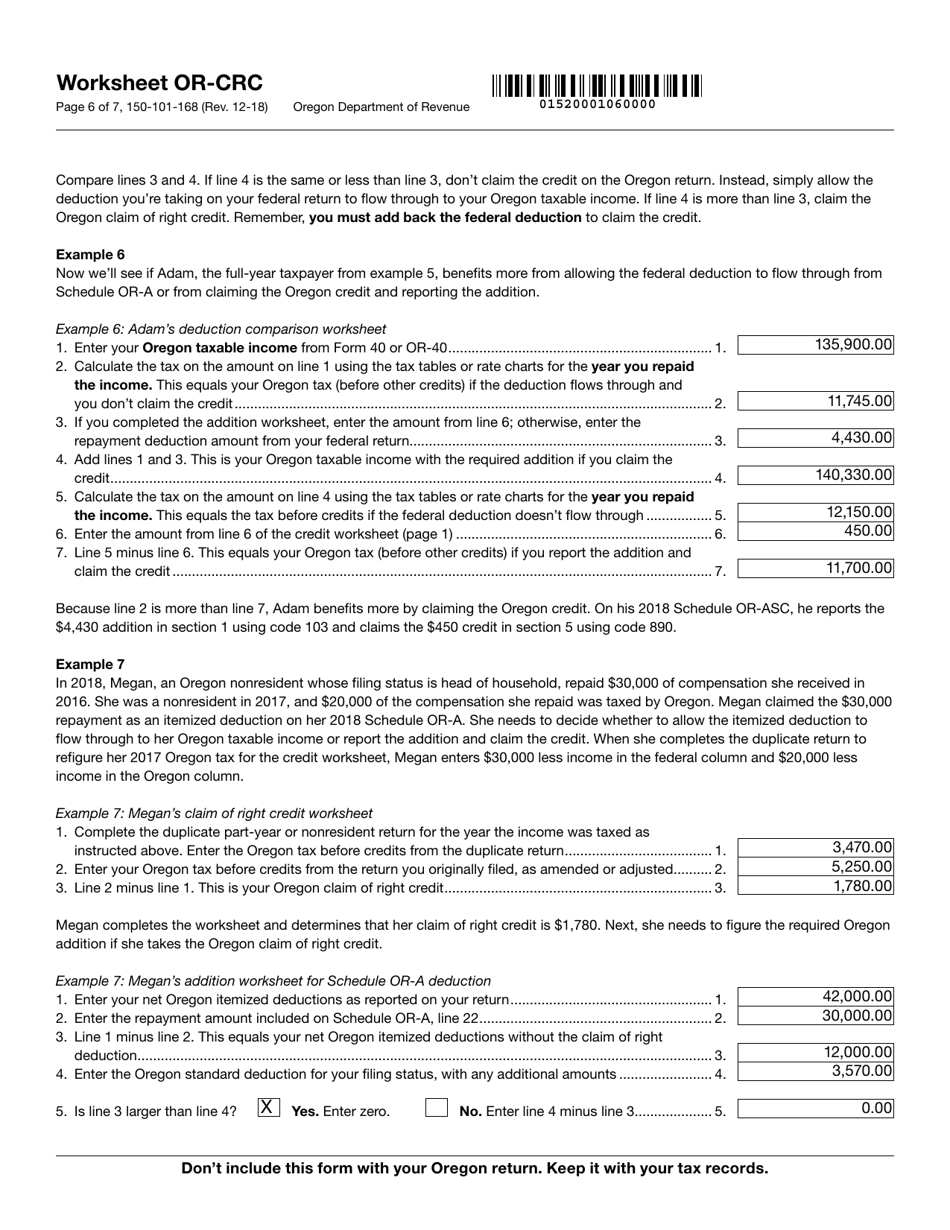 Form 150-101-168 Worksheet or-Crc - Claim of Right Income Repayments - Oregon, Page 6