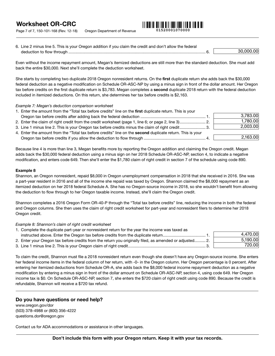 Form 150-101-168 Worksheet or-Crc - Claim of Right Income Repayments - Oregon, Page 7