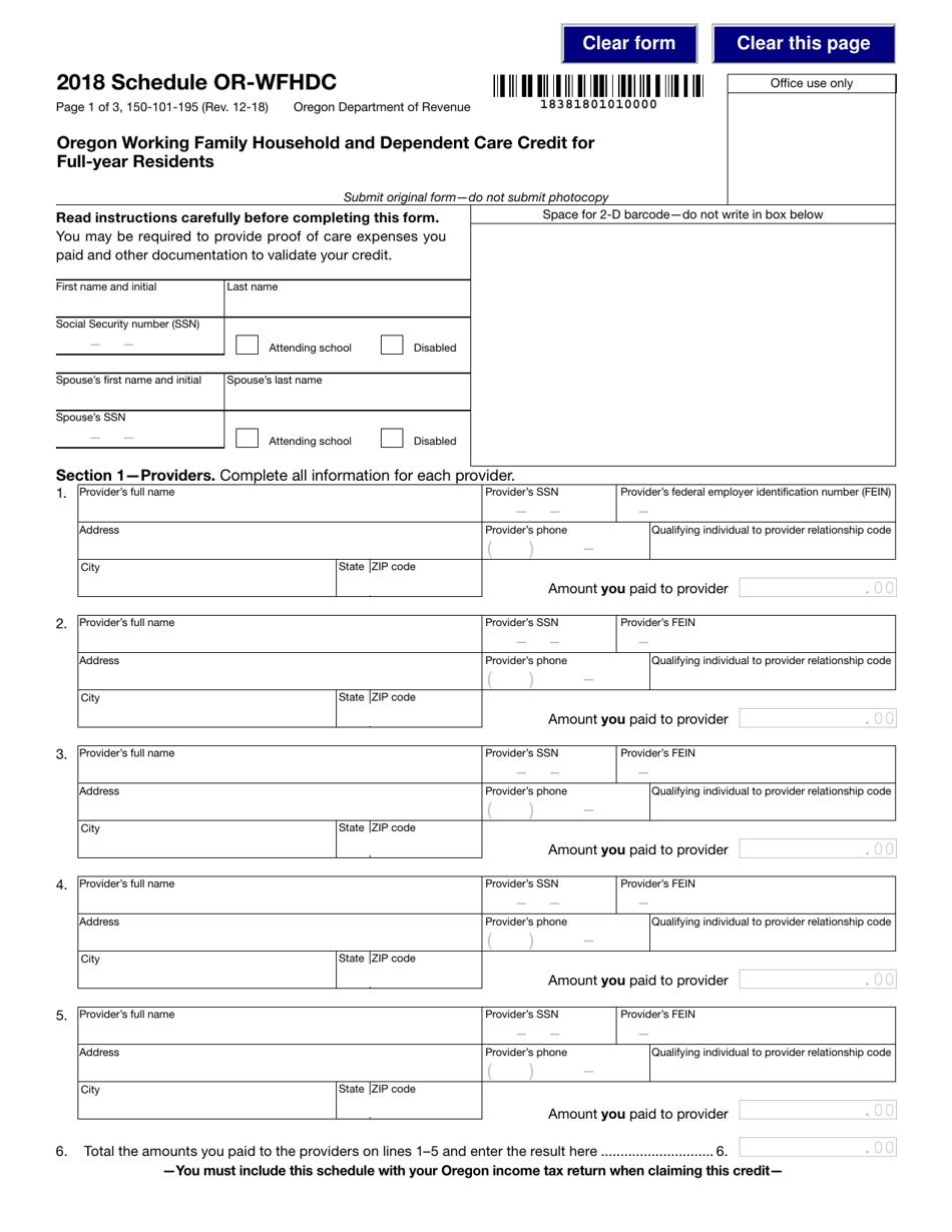 Form 150-101-195 Schedule OR-WFHDC Oregon Working Family Household and Dependent Care Credit for Full-Year Residents - Oregon, Page 1