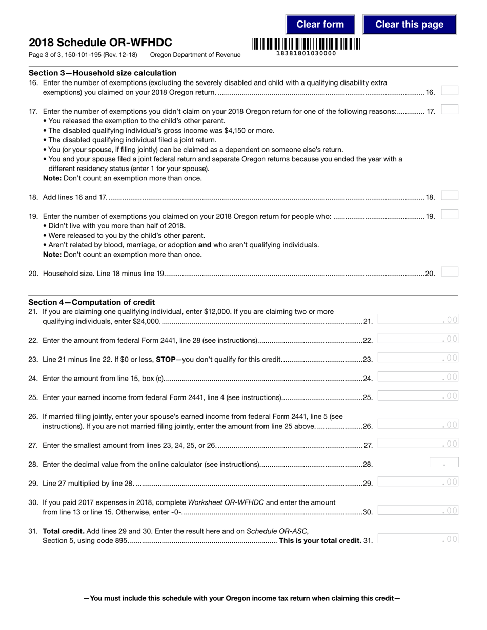 Form 150-101-195 Schedule OR-WFHDC Oregon Working Family Household and Dependent Care Credit for Full-Year Residents - Oregon, Page 3