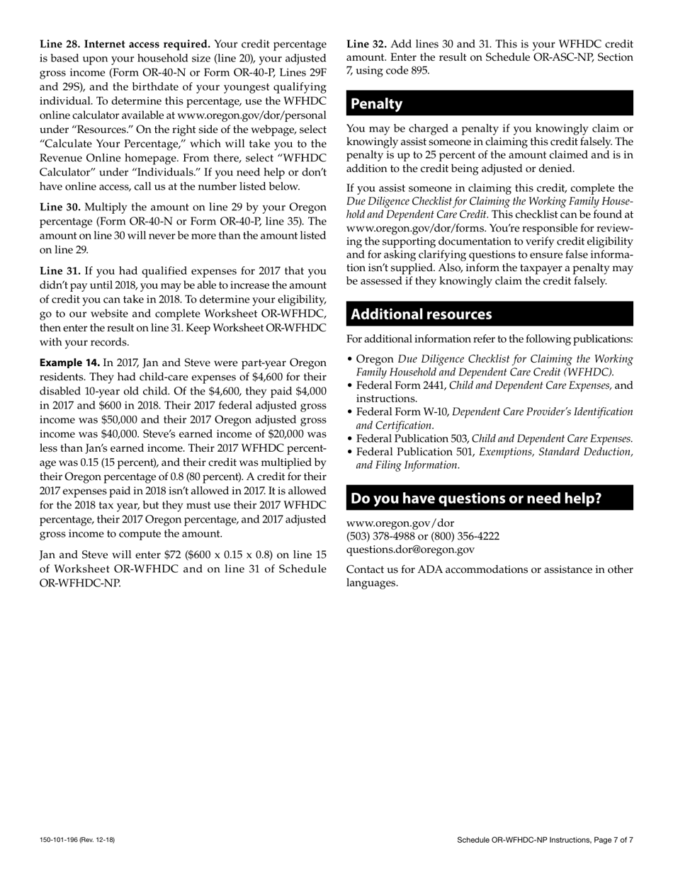 Form 150-101-196 Schedule OR-WFHDC-NP Oregon Working Family Household and Dependent Care Credit for Part-Year and Nonresidents - Oregon, Page 10