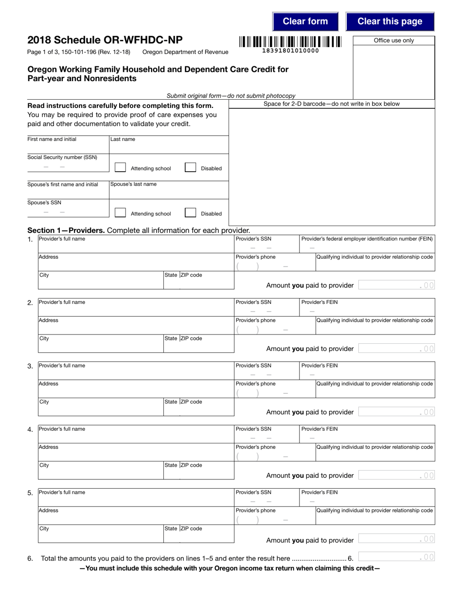 Form 150-101-196 Schedule OR-WFHDC-NP Oregon Working Family Household and Dependent Care Credit for Part-Year and Nonresidents - Oregon, Page 1