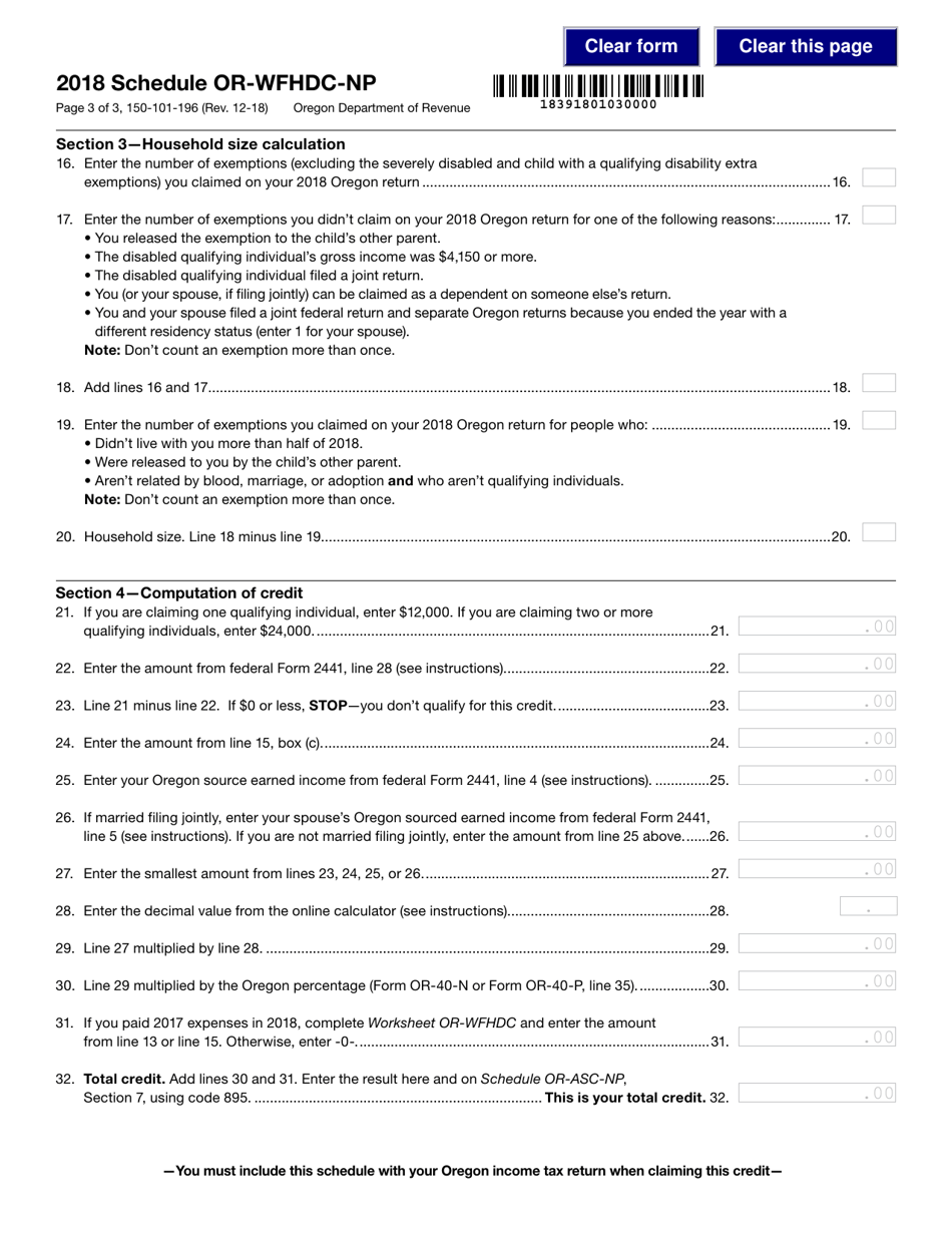 Form 150-101-196 Schedule OR-WFHDC-NP Oregon Working Family Household and Dependent Care Credit for Part-Year and Nonresidents - Oregon, Page 3
