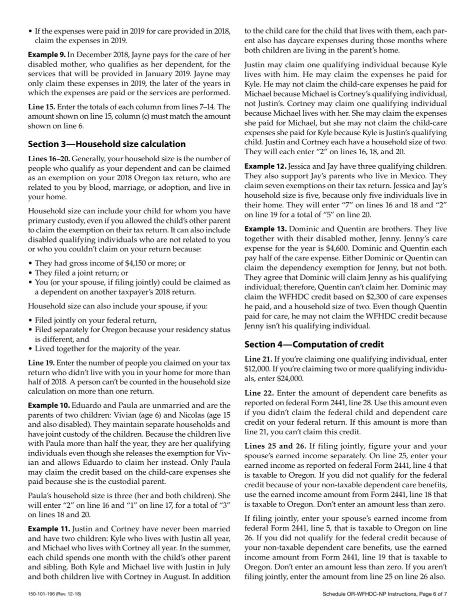 Form 150-101-196 Schedule OR-WFHDC-NP Oregon Working Family Household and Dependent Care Credit for Part-Year and Nonresidents - Oregon, Page 9