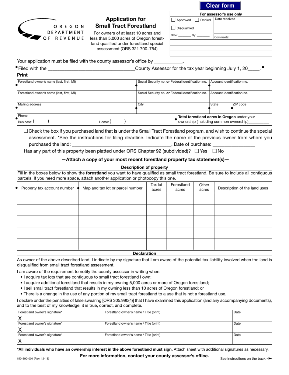 Form 150-390-001 Application for Small Tract Forestland - Oregon, Page 1