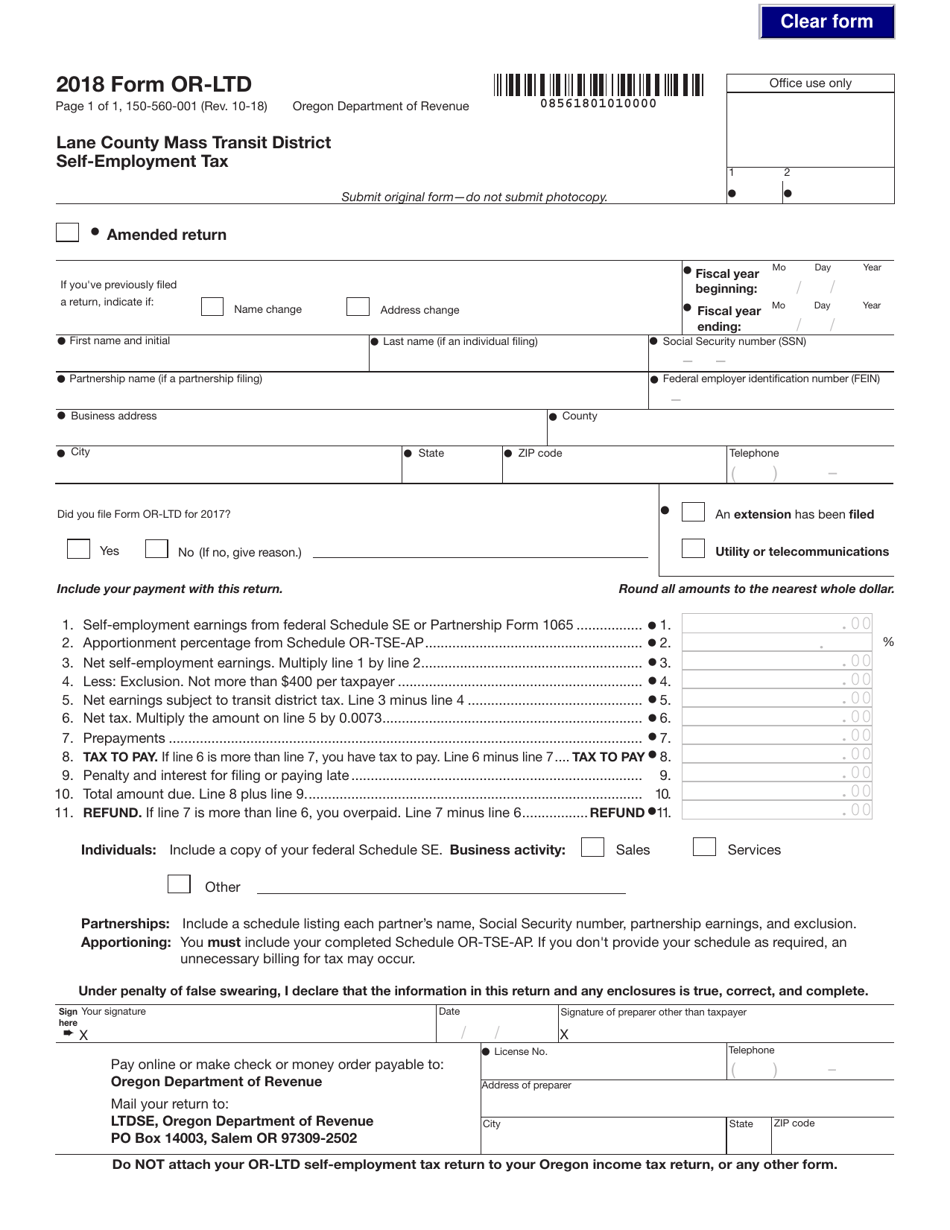Form 150-560-001 (OR-LTD) Lane County Mass Transit District Self-employment Tax - Oregon, Page 1