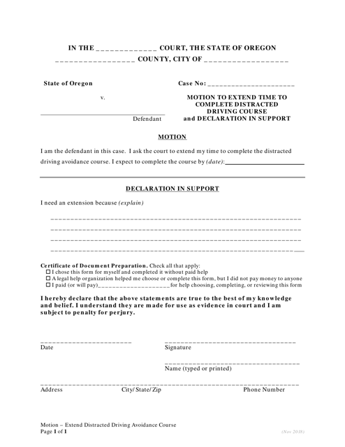 Extend Distracted Driving Avoidance Course Motion Form - Oregon