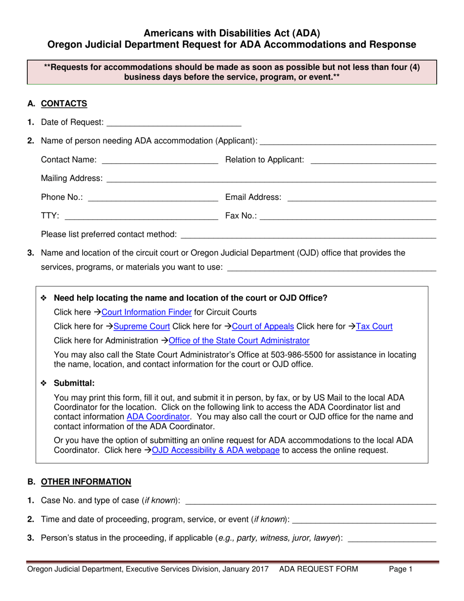 Oregon Judicial Department Request for Ada Accommodations and Response - Oregon, Page 1