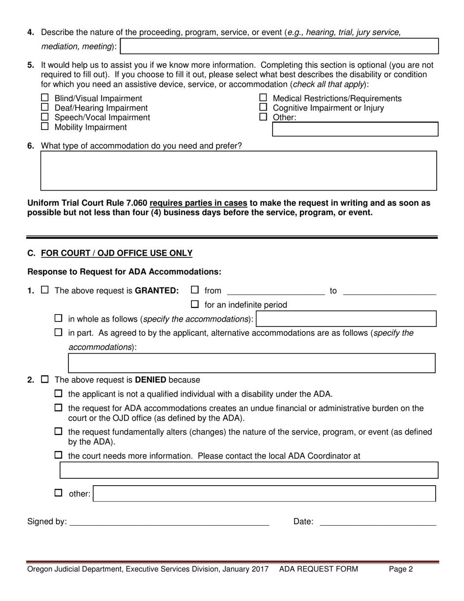 Oregon Judicial Department Request for Ada Accommodations and Response - Oregon, Page 2