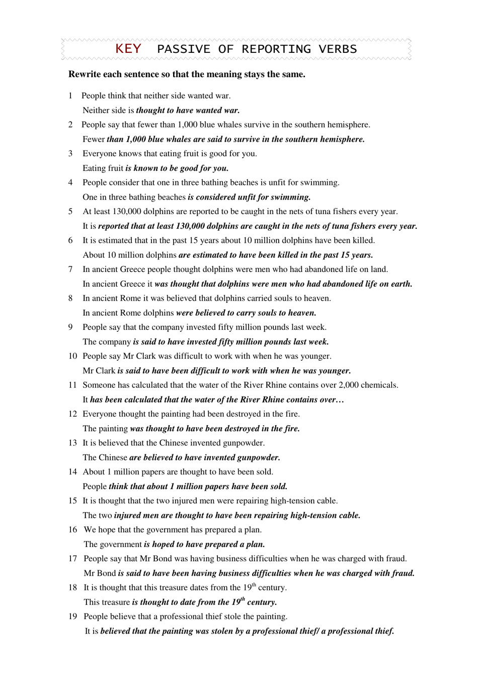 Grammar: Passive of Reporting Verbs Worksheet With Answer Key, Page 3