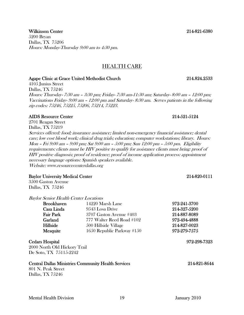 Dallas County Mental Health Division Community Resource Guide - Dallas County, Kansas, Page 19