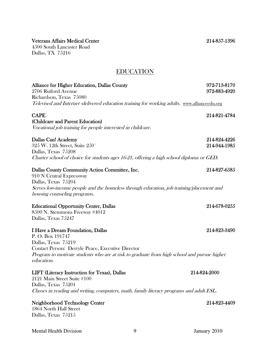 Dallas County Mental Health Division Community Resource Guide - Dallas County, Kansas, Page 9