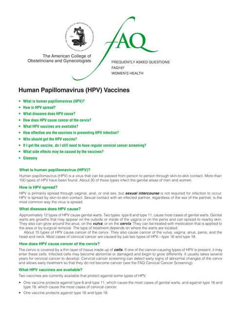Faq 167 - Human Papillomavirus (Hpv) Vaccines - the American College of Obstetricians and Gynecologists