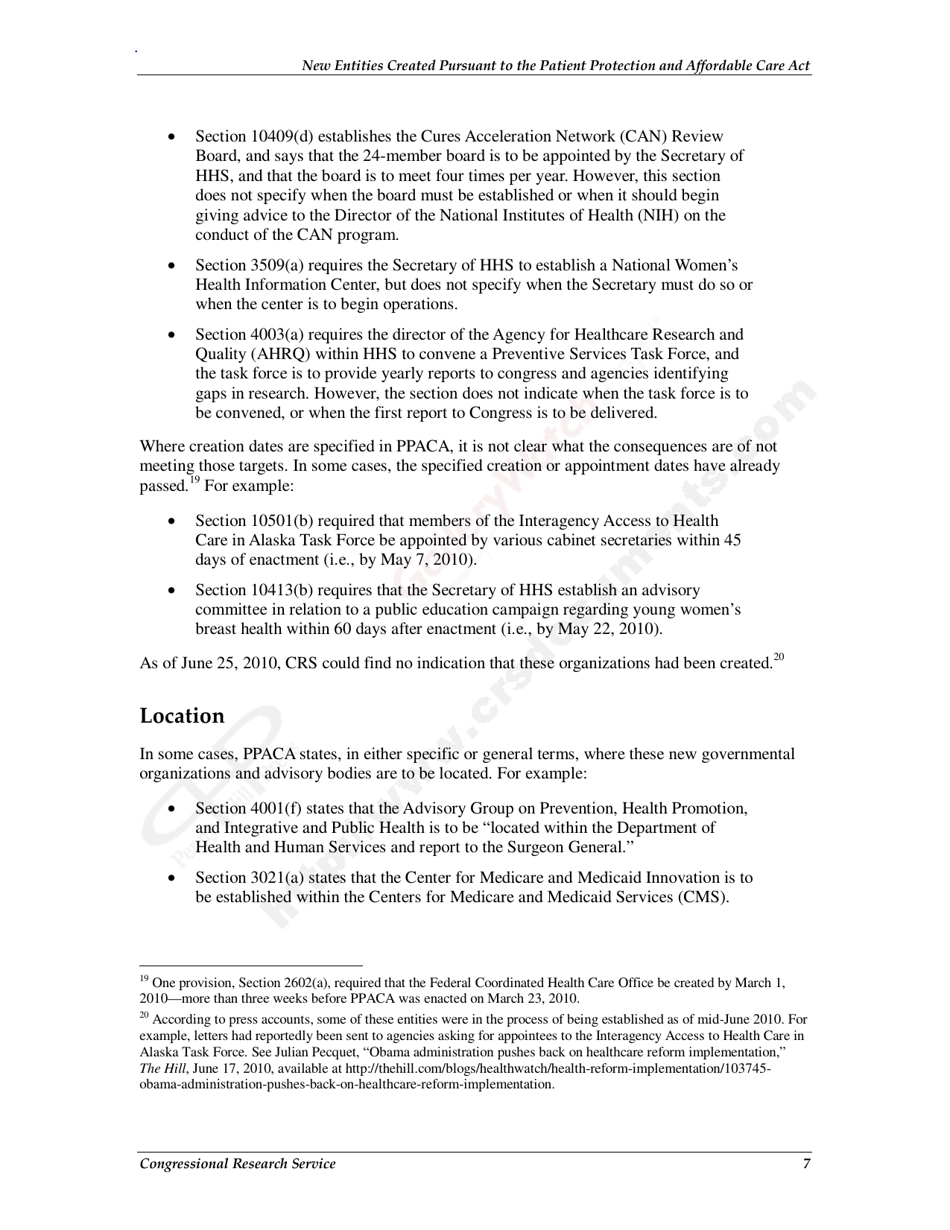 New Entities Created Pursuant to the Patient Protection and Affordable Care Act, Page 10