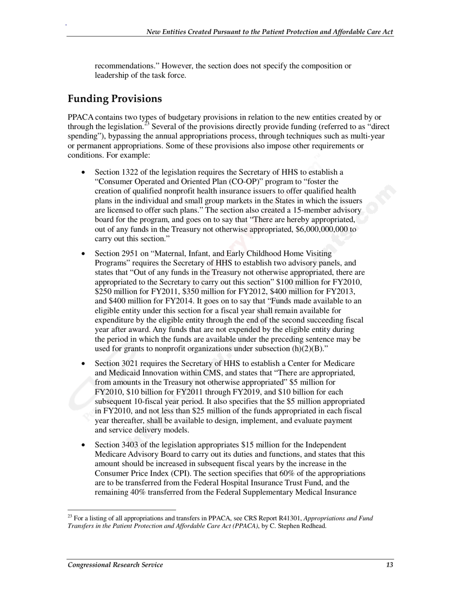 New Entities Created Pursuant to the Patient Protection and Affordable Care Act, Page 16