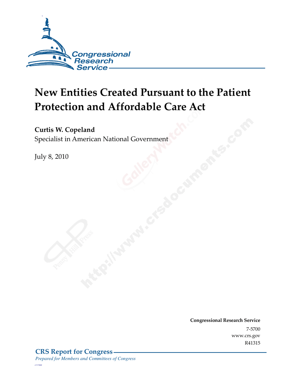 New Entities Created Pursuant to the Patient Protection and Affordable Care Act, Page 1