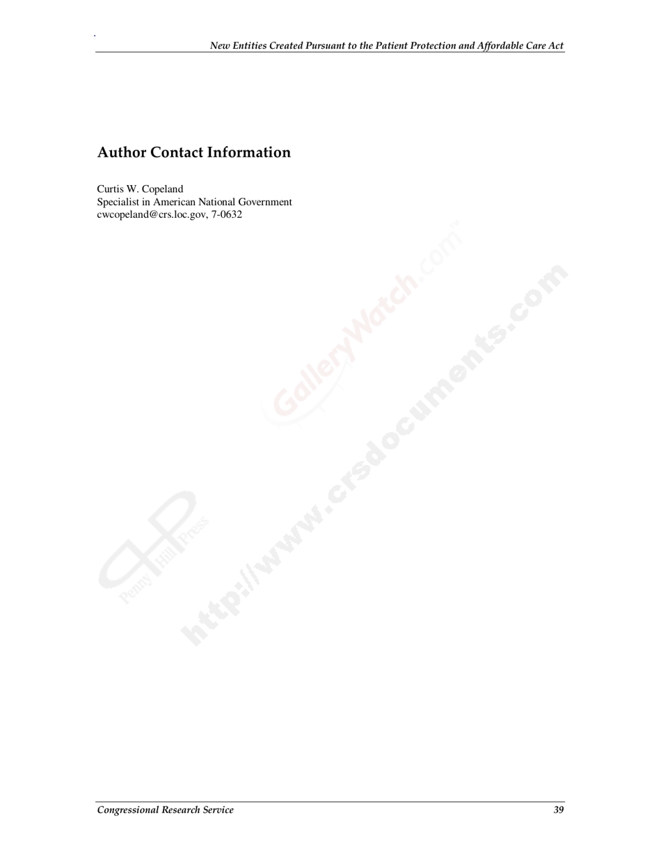 New Entities Created Pursuant to the Patient Protection and Affordable Care Act, Page 42