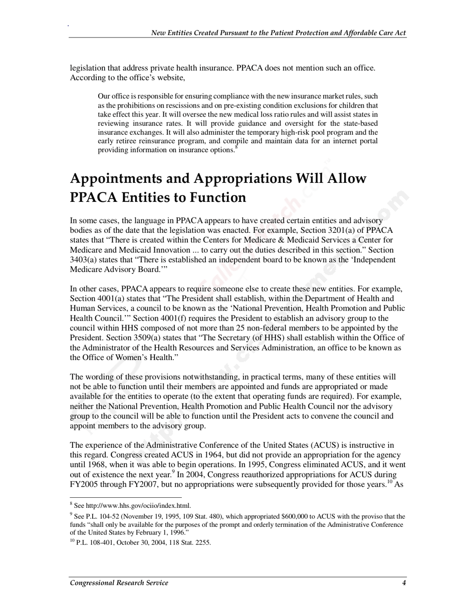 New Entities Created Pursuant to the Patient Protection and Affordable Care Act, Page 7