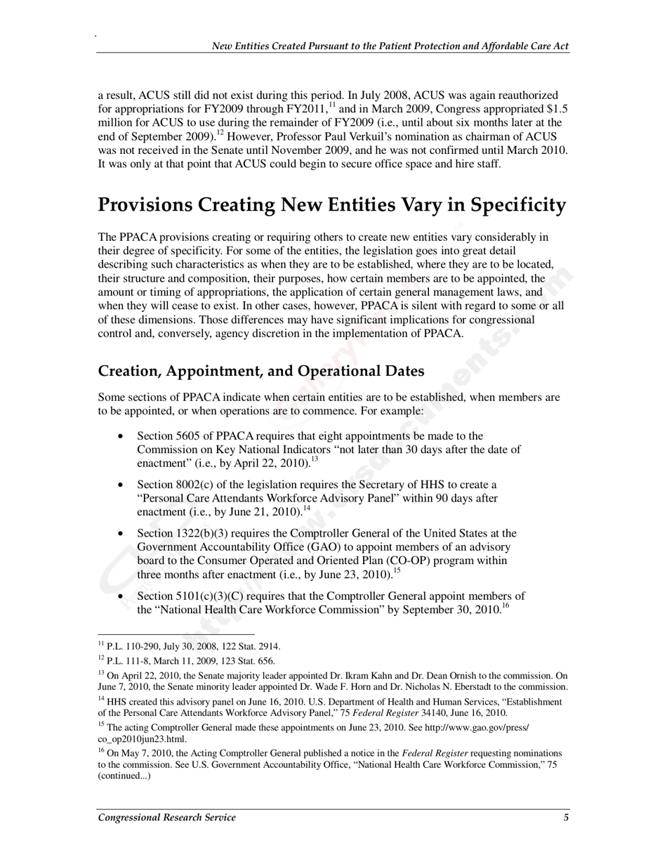New Entities Created Pursuant to the Patient Protection and Affordable Care Act, Page 8