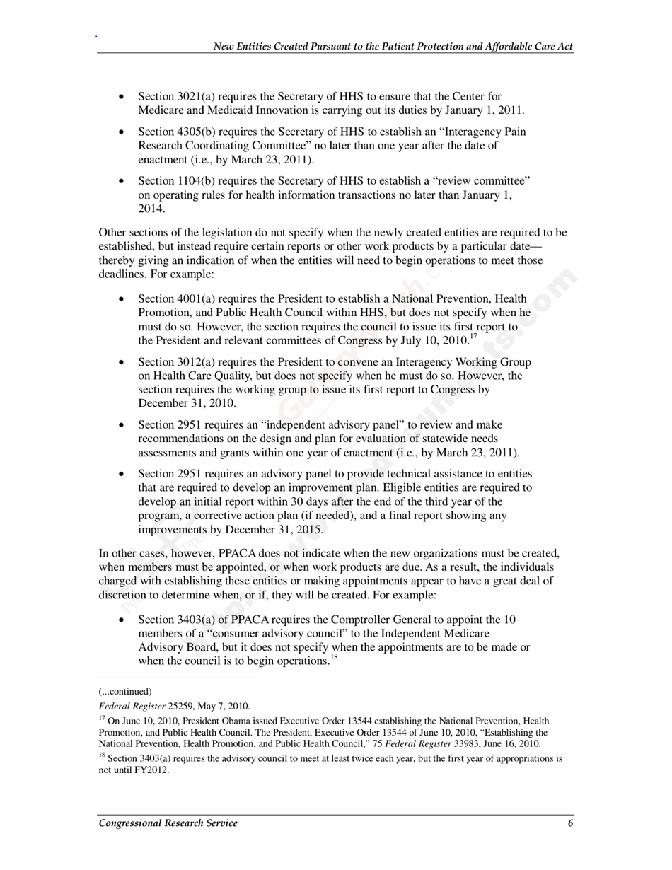 New Entities Created Pursuant to the Patient Protection and Affordable Care Act, Page 9